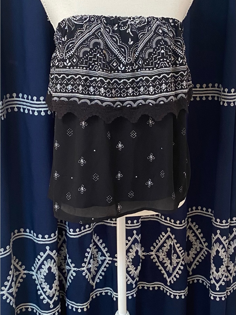 Maurices Black Strapless Layered Top with White Bandana Print